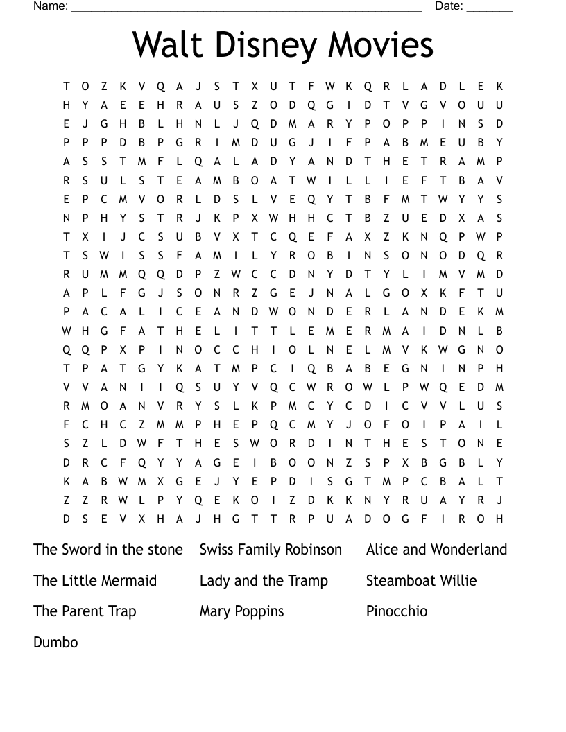 Walt Disney Movies Word Search