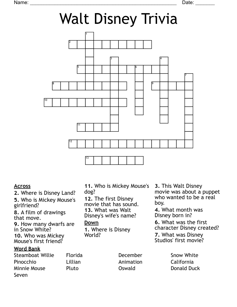 Walt Disney Trivia Crossword