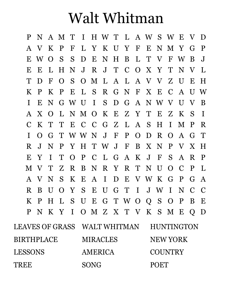 Walt Whitman Word Search