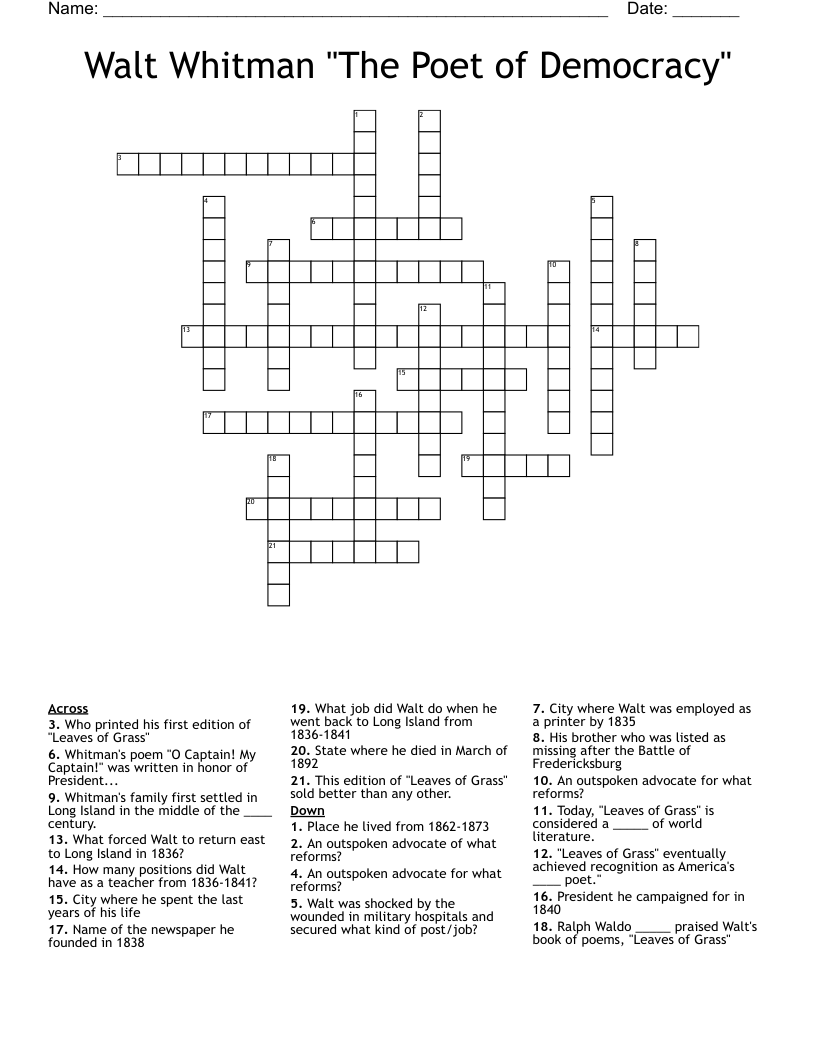 Walt Whitman "The Poet of Democracy" Crossword