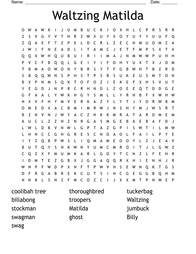 Waltzing Matilda Word Search