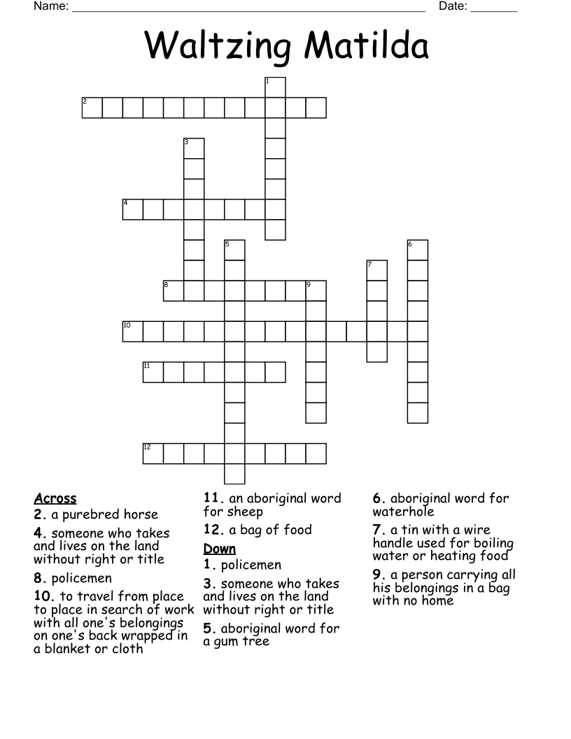Waltzing Matilda Crossword