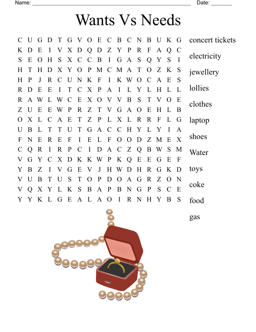 Wants Vs Needs Word Search