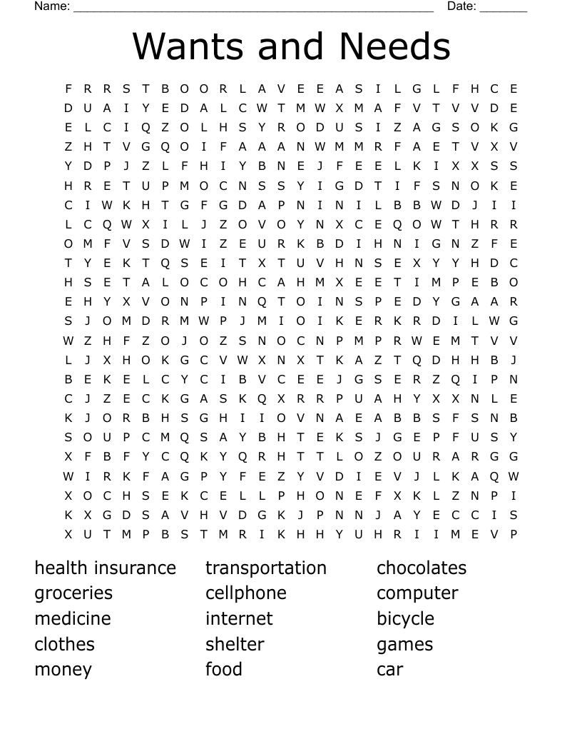 Wants and Needs Word Search