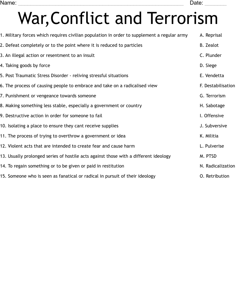 War,Conflict and Terrorism Worksheet