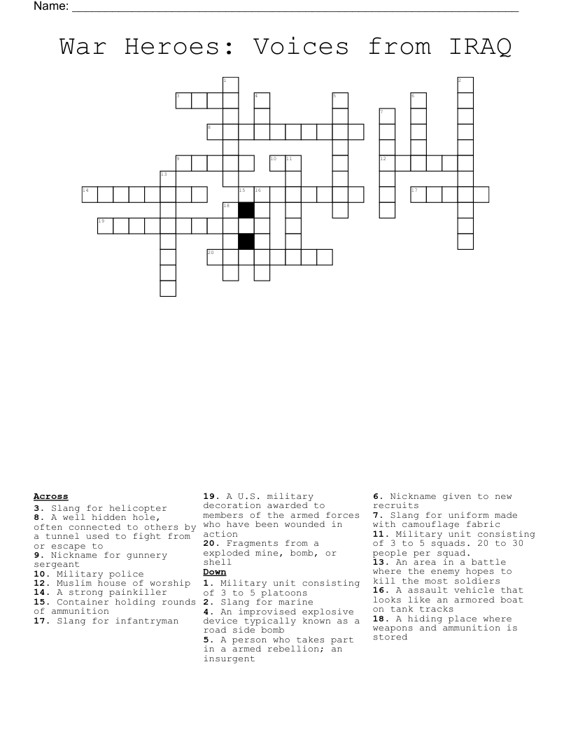 War Heroes: Voices from IRAQ Crossword