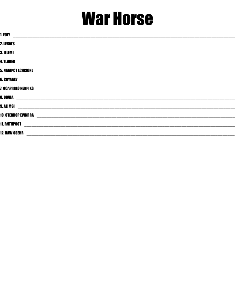 War Horse Word Scramble