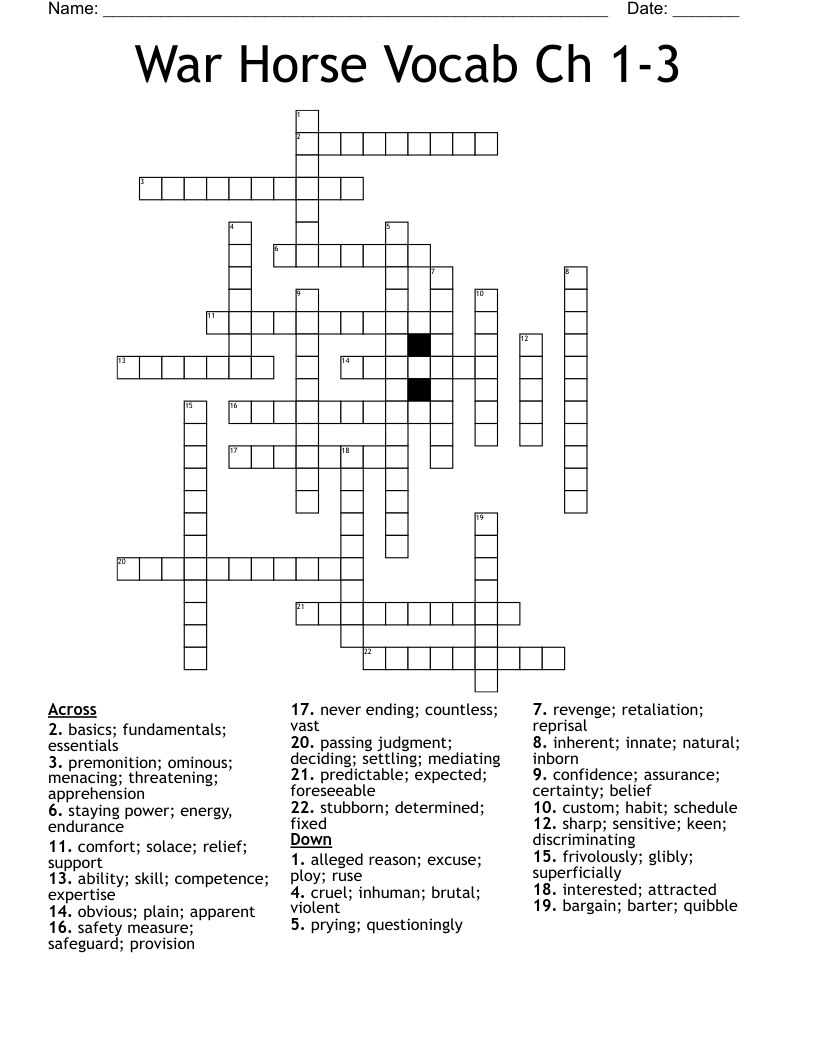 War Horse Vocab Ch 1-3 Crossword