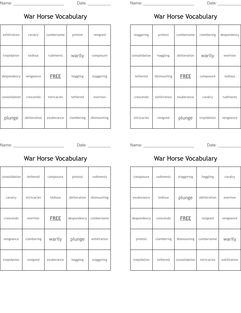 War Horse Vocabulary Bingo Cards