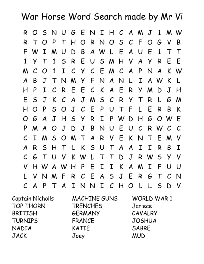 War Horse Word Search made by Mr Vi