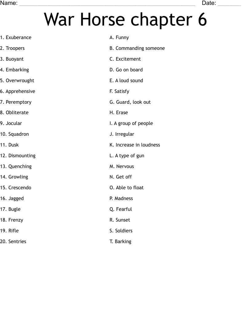 War Horse chapter 6 Worksheet