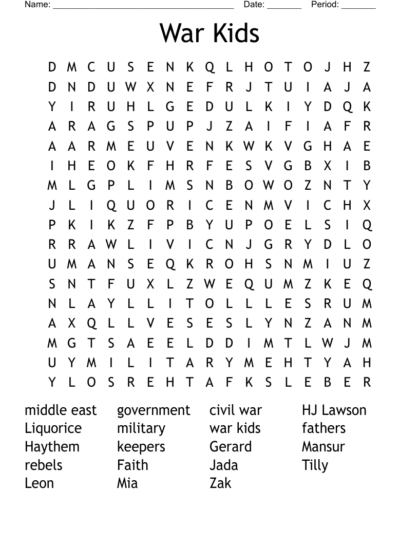 War Kids Word Search