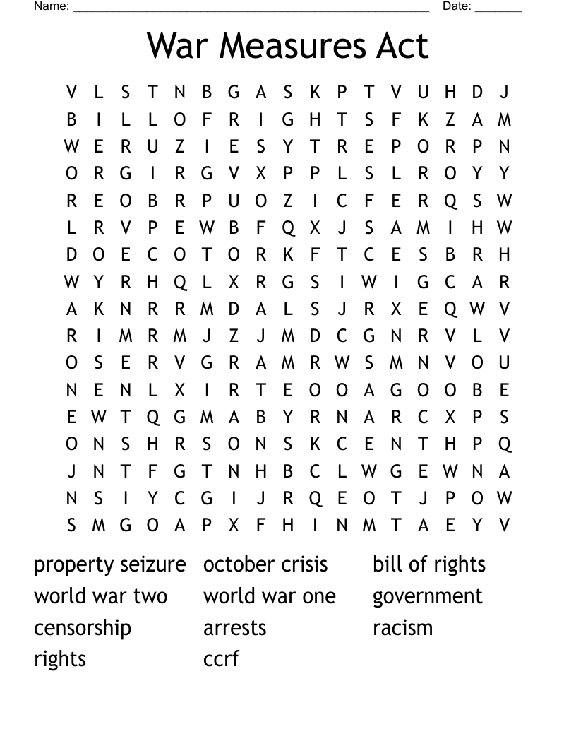War Measures Act Word Search
