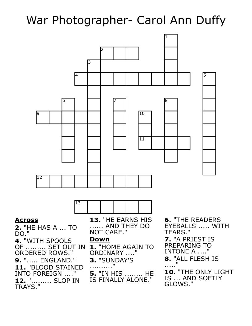 War Photographer- Carol Ann Duffy Crossword