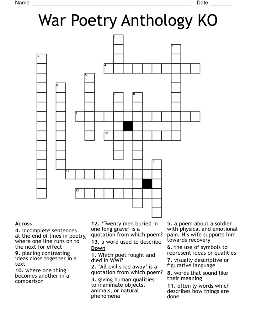 War Poetry Anthology KO Crossword