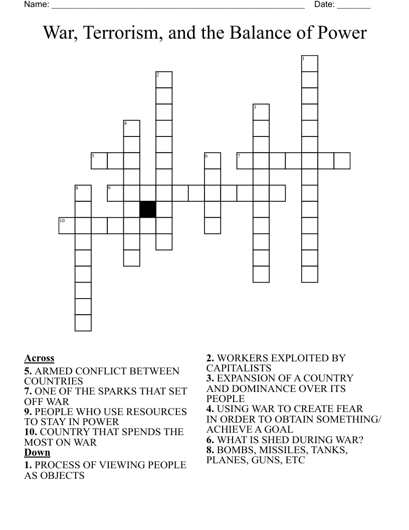 War, Terrorism, and the Balance of Power Crossword