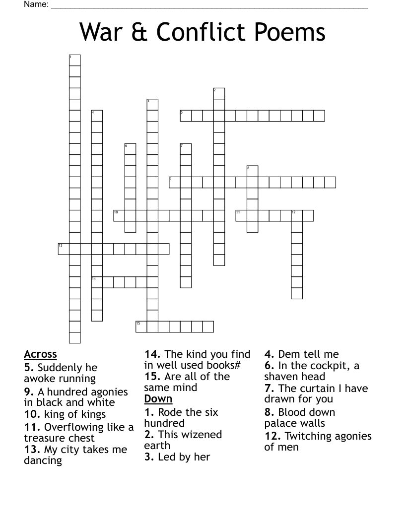 War & Conflict Poems Crossword