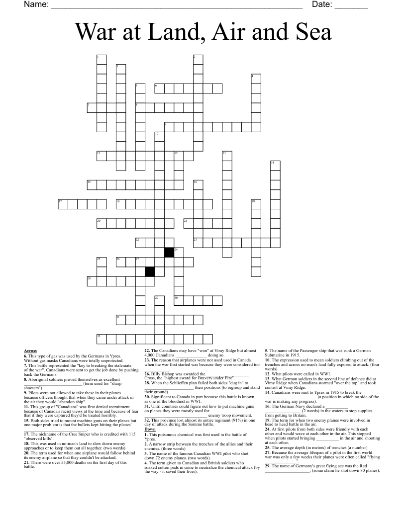 War at Land, Air and Sea Crossword