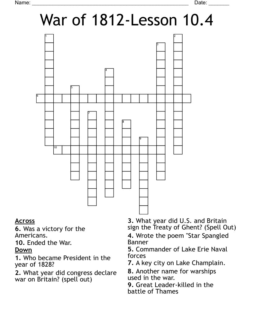 War of 1812-Lesson 10.4 Crossword