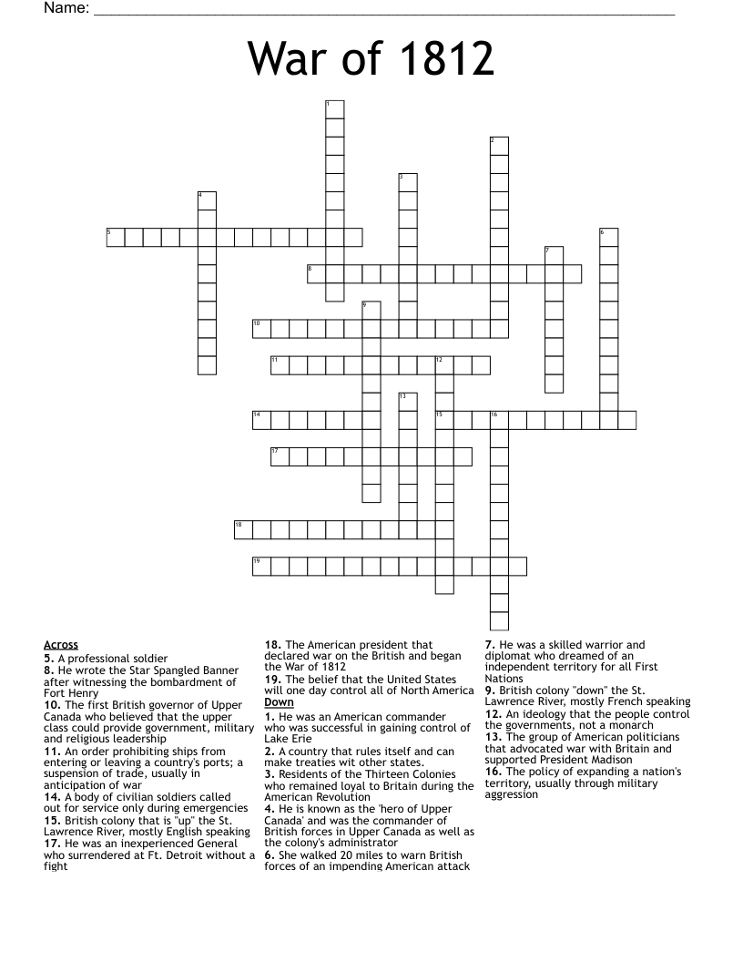 War of 1812 Crossword