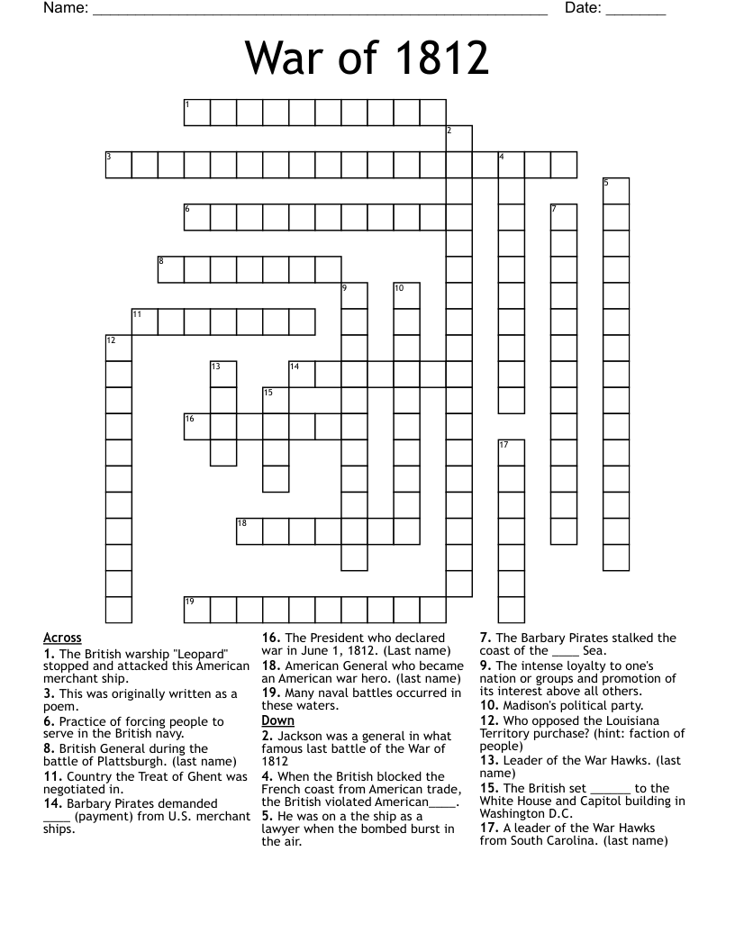 War of 1812 Crossword