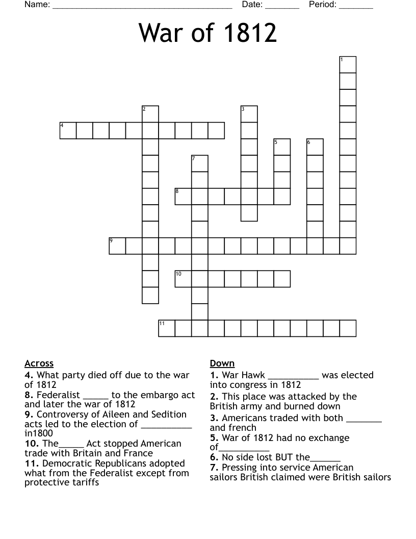 War of 1812 Crossword