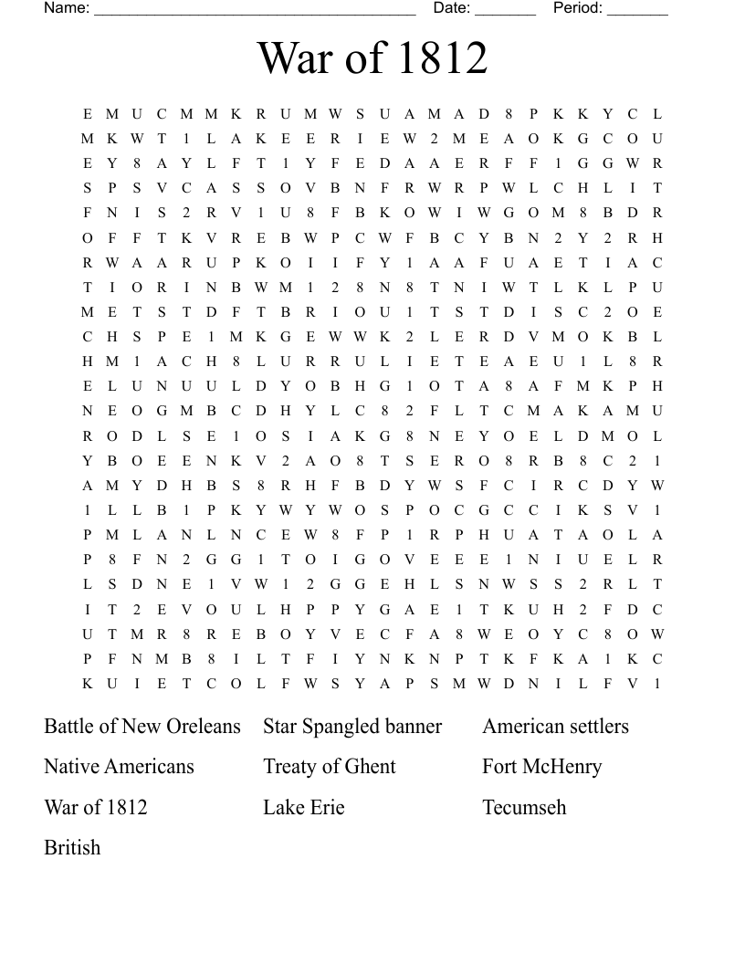 War of 1812 Word Search
