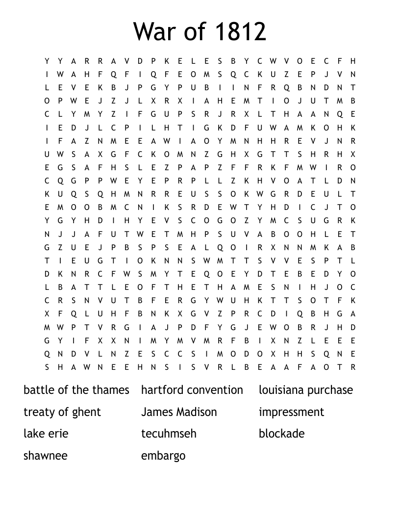 War of 1812 Word Search