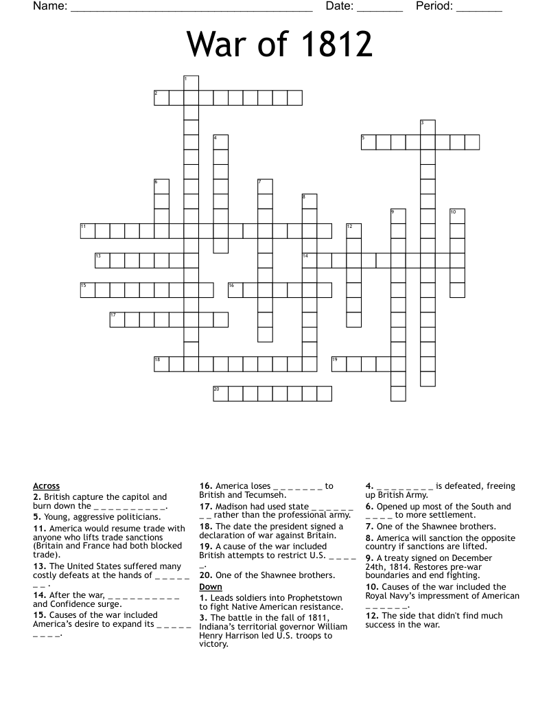 War of 1812 Crossword