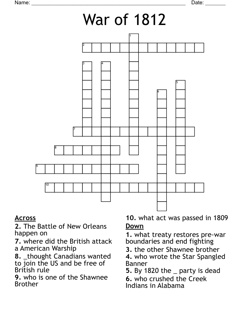 War of 1812 Crossword