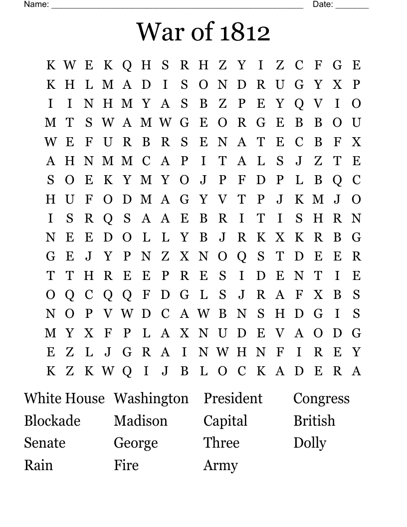 War of 1812 Word Search