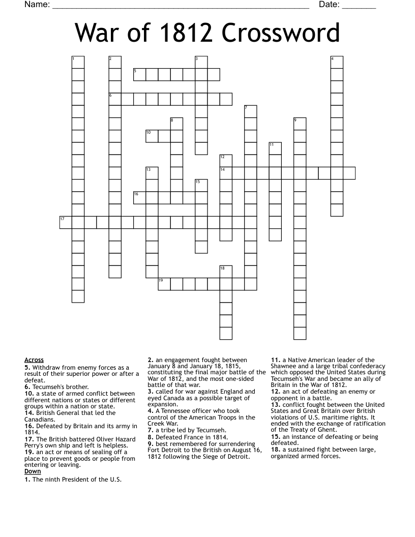 War of 1812 Crossword