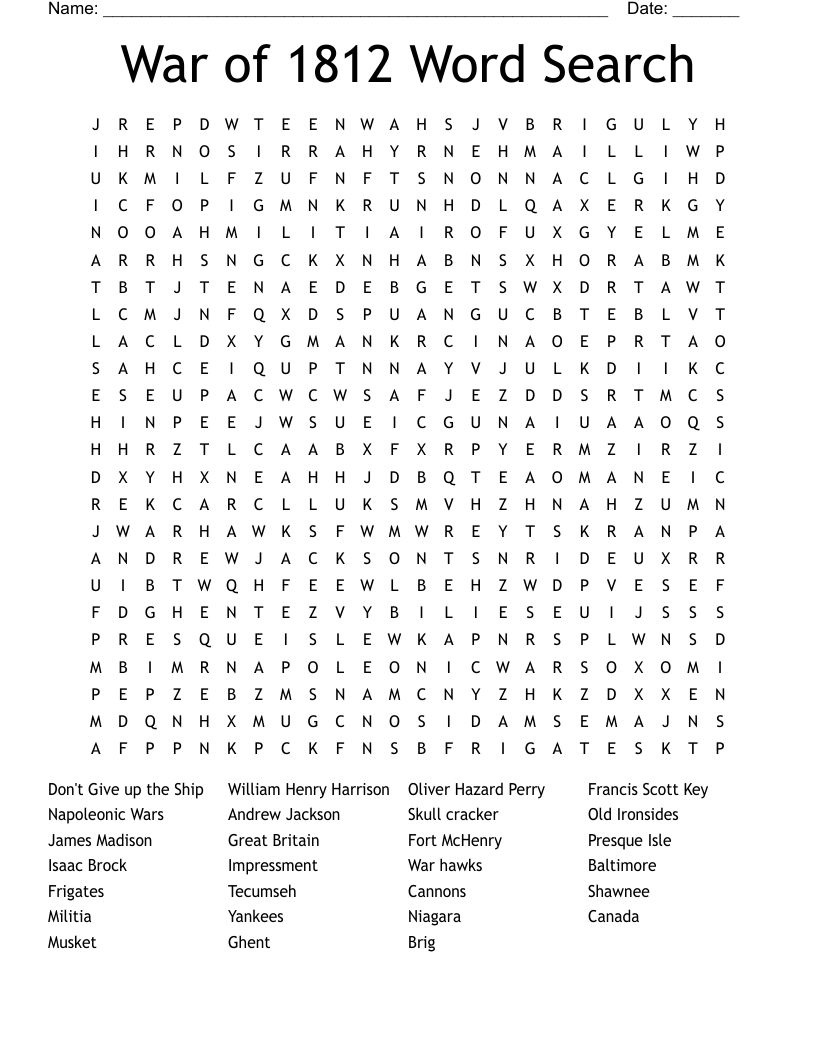 War of 1812 Word Search