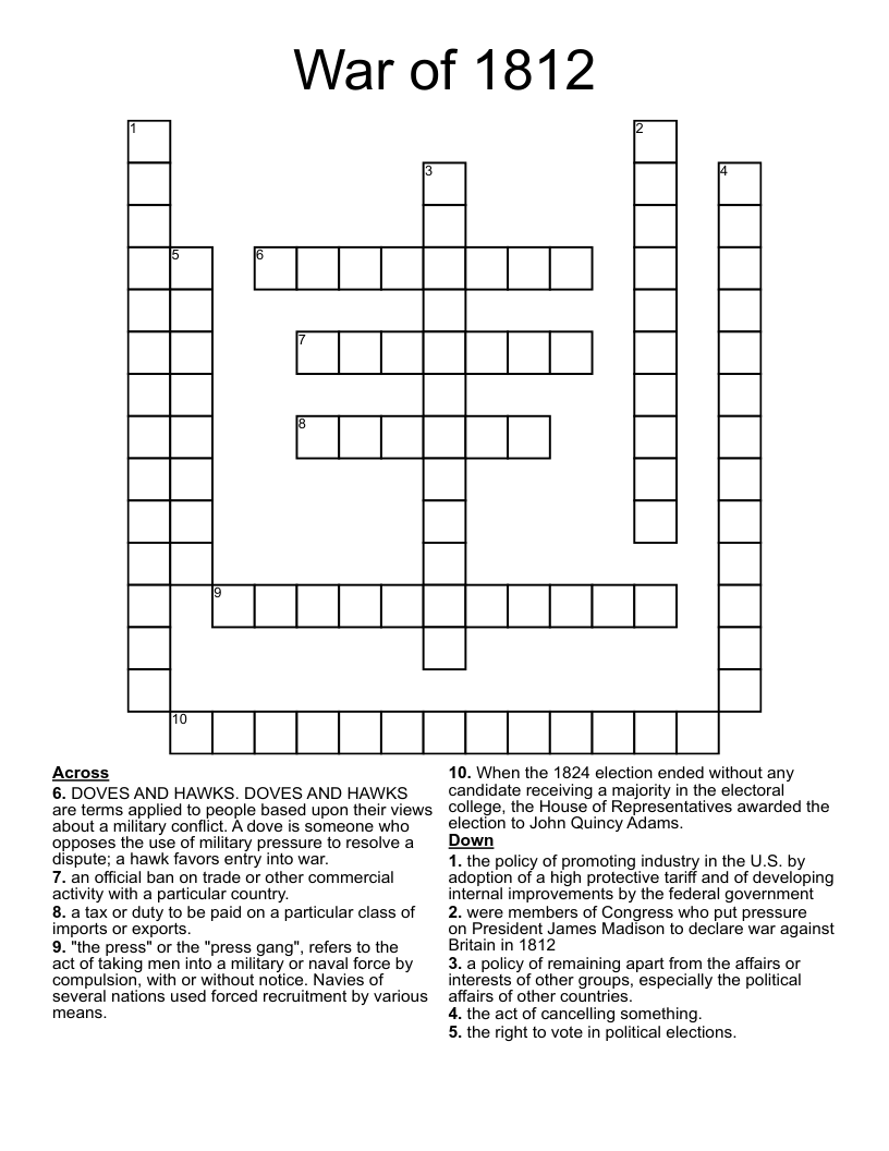 War of 1812  Crossword