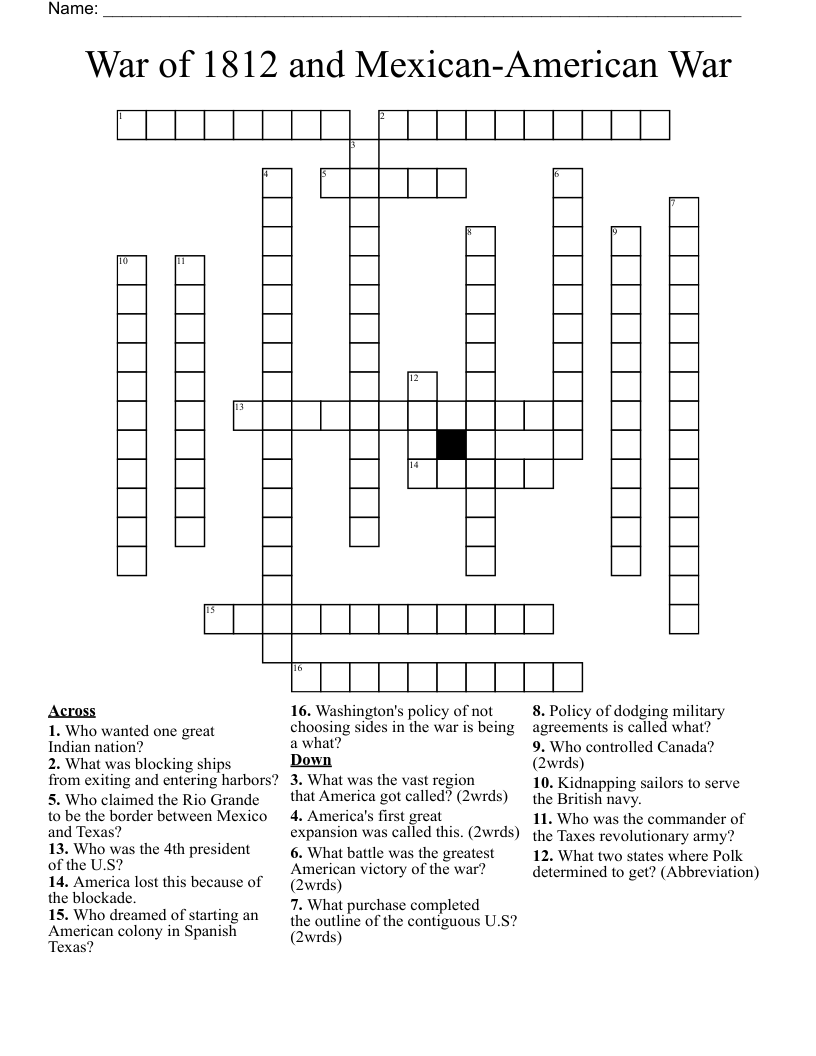 War of 1812 and Mexican-American War Crossword