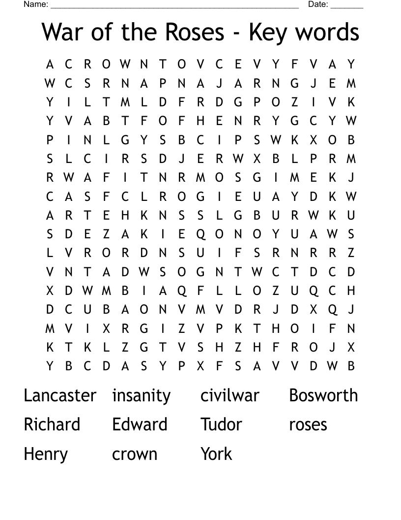 War of the Roses - Key words Word Search