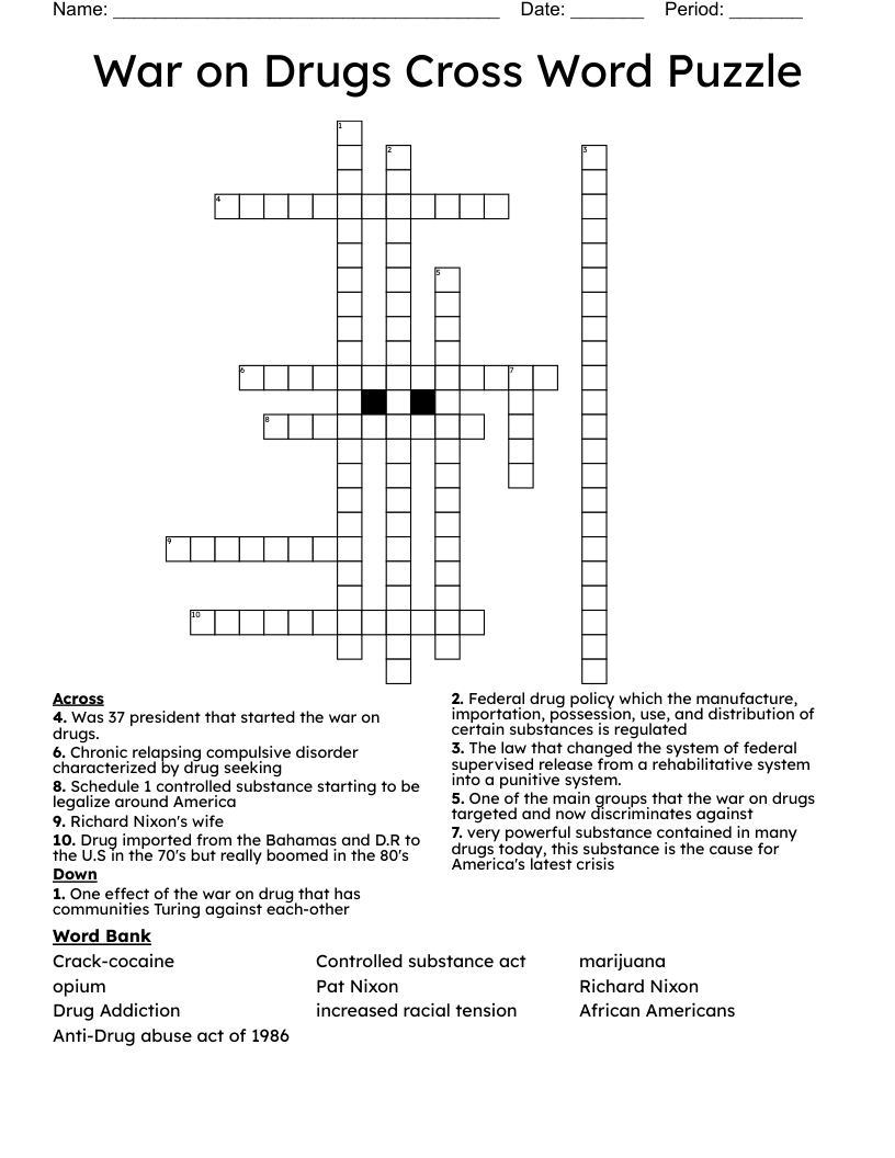 War on Drugs Cross Word Puzzle