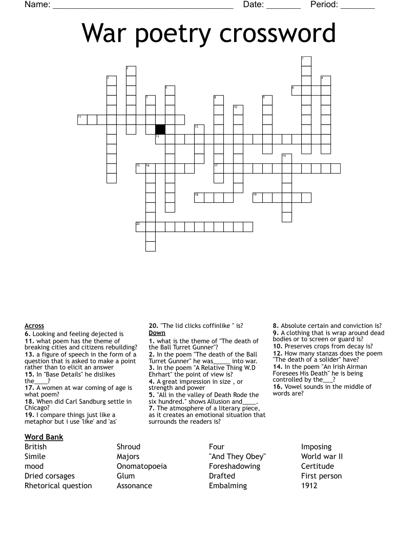War poetry crossword 