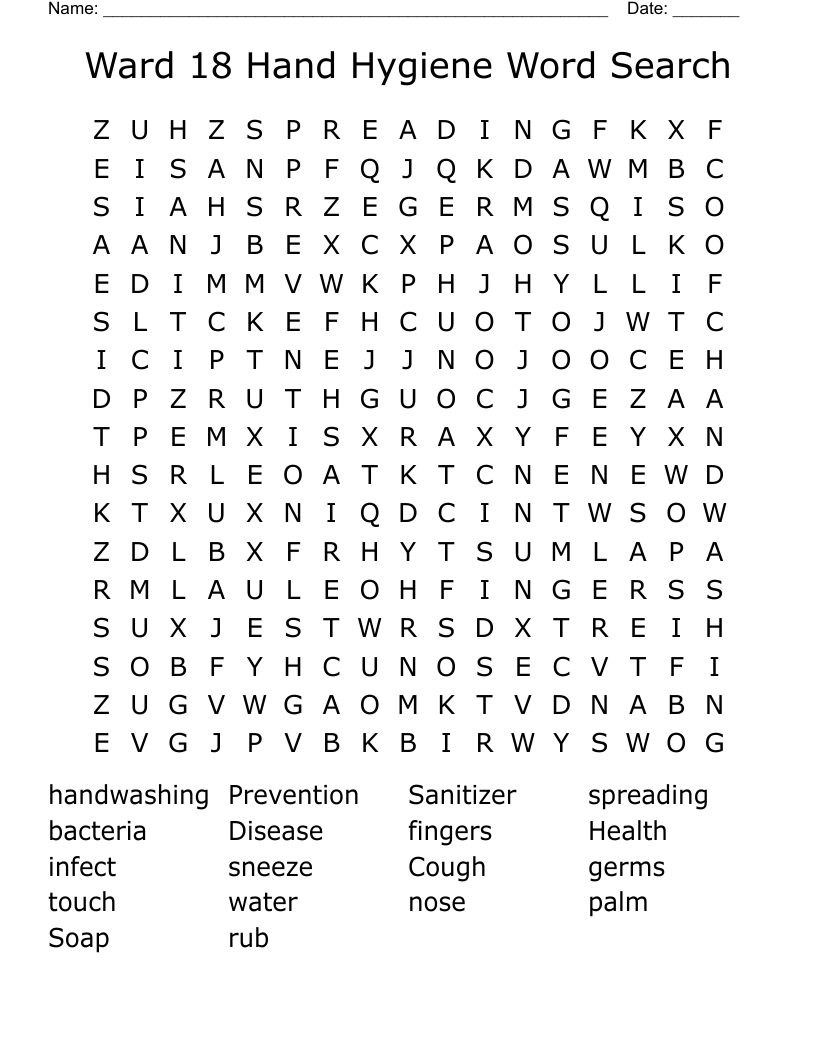 Ward 18 Hand Hygiene Word Search