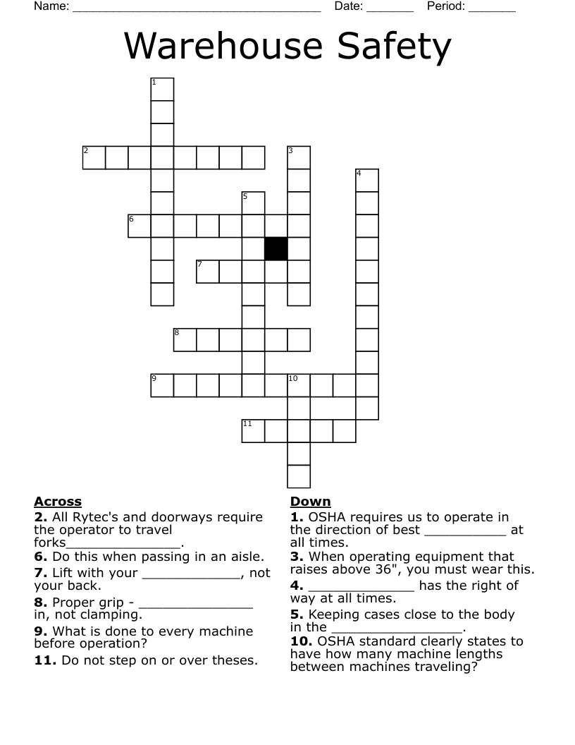 Warehouse Safety  Crossword