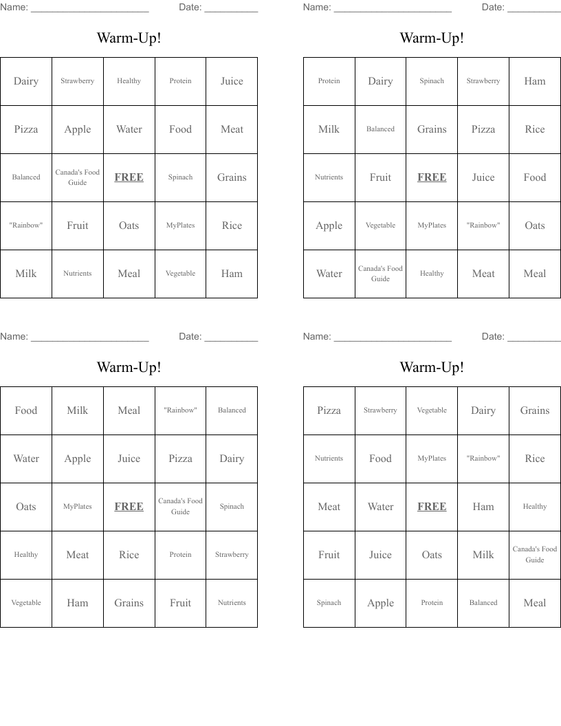 Warm-Up! Bingo Cards