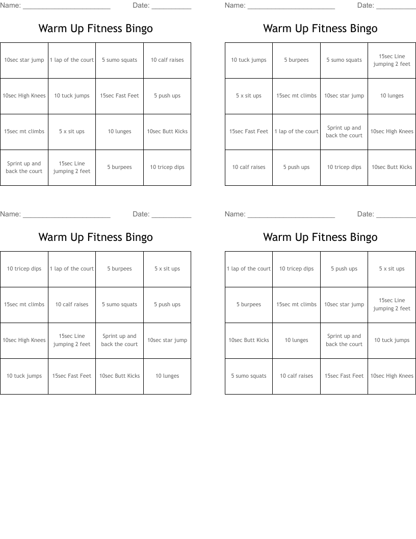 Warm Up Fitness Bingo 
