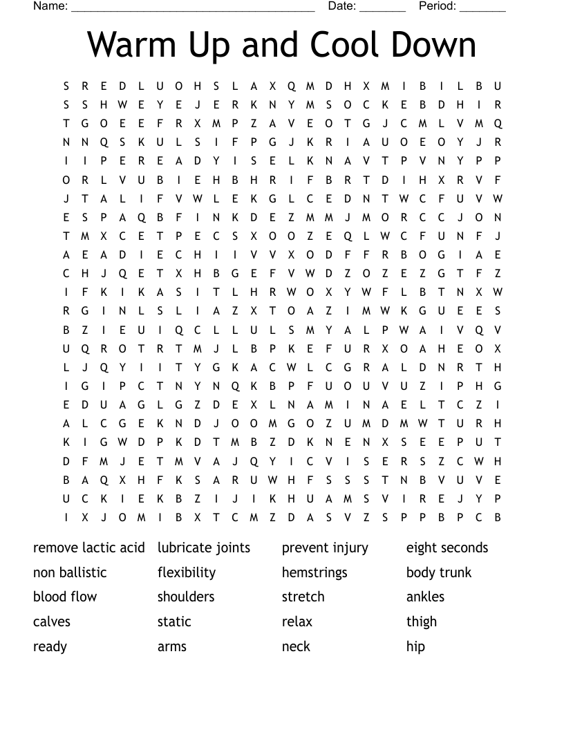 Warm Up and Cool Down Word Search