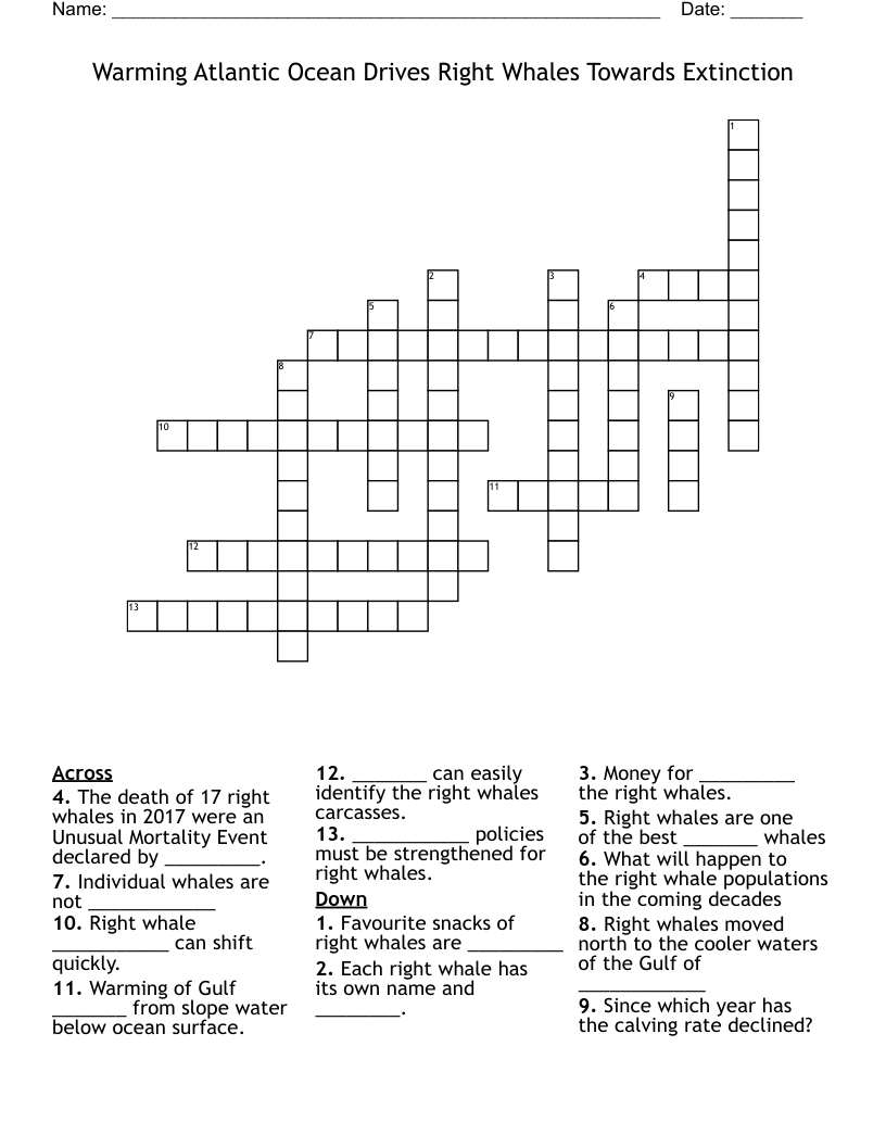 Warming Atlantic Ocean Drives Right Whales Towards Extinction Crossword