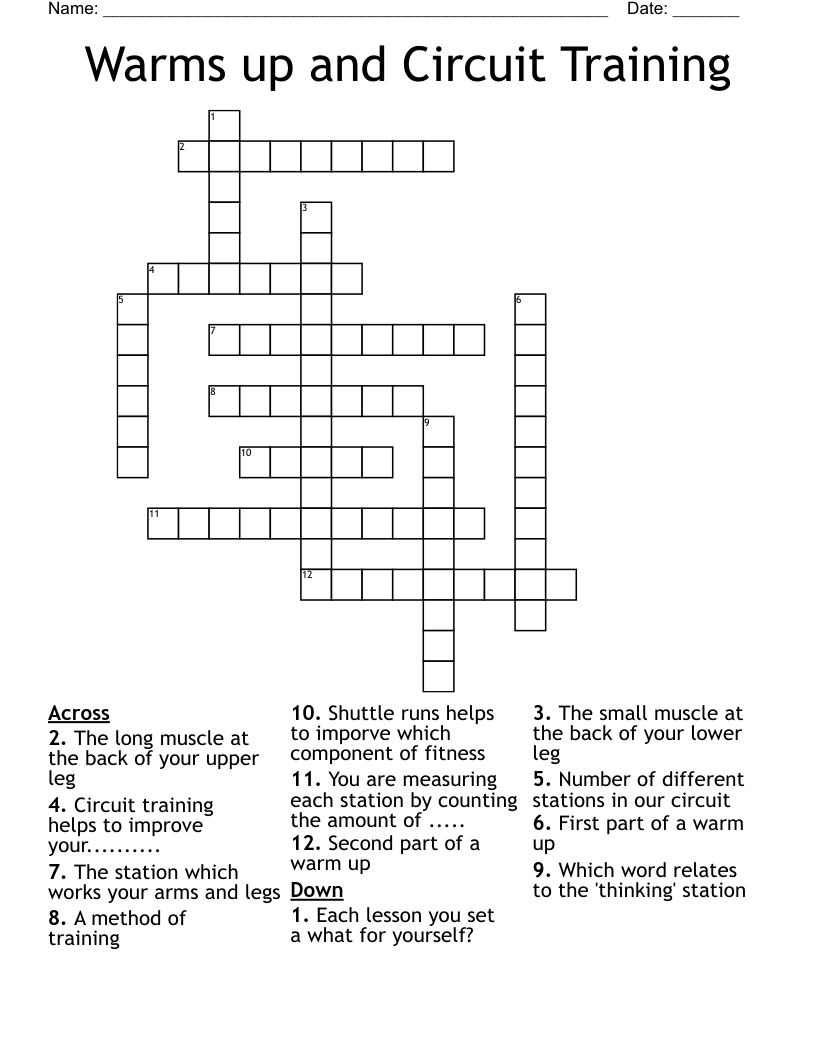 Warms up and Circuit Training Crossword