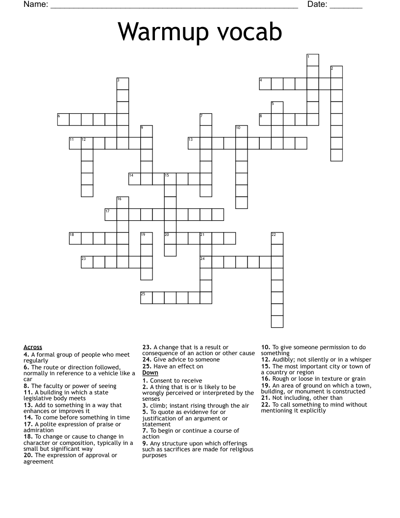 Warmup vocab Crossword