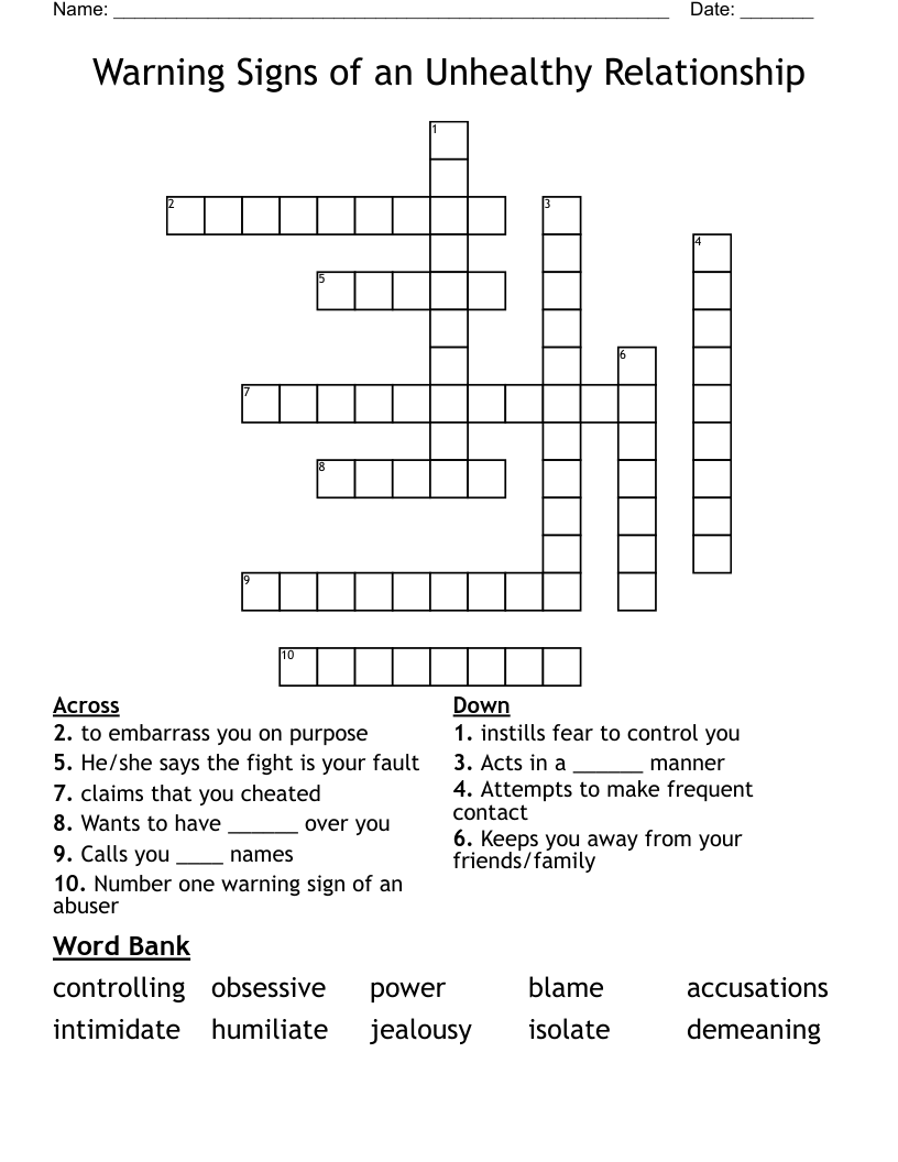 Warning Signs of an Unhealthy Relationship Crossword