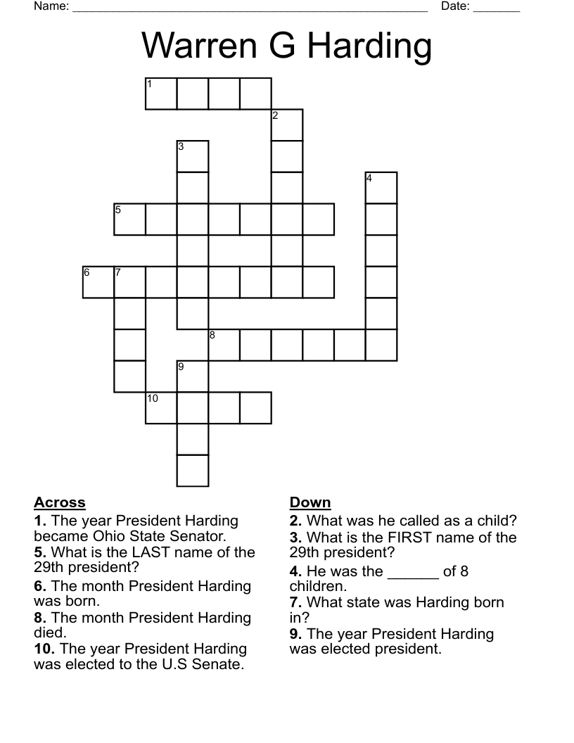 Warren G Harding Crossword