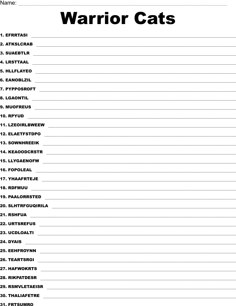 Warrior Cats Word Scramble