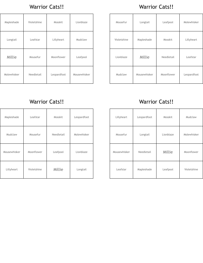 Warrior Cats!! Bingo Cards